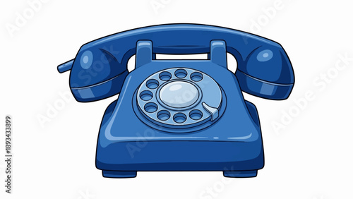 Classic blue rotary dial telephone on white background, vintage communication