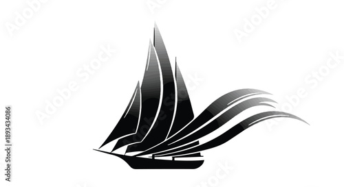Modern sailboat sailing on water with wind in sail, black and white minimalist illustration for nautical concept