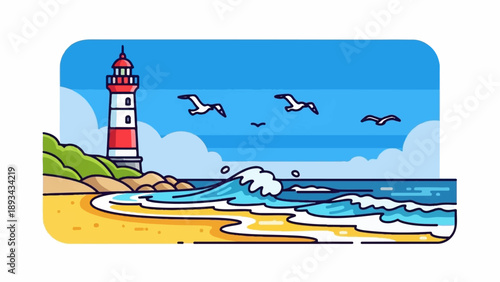 Coastal scene with a lighthouse, rolling waves, and seabirds in the sky