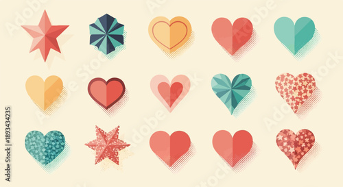 Collection of retro-style heart and star shapes with halftone dot shading