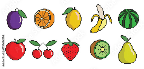 pixel fruit icon set for games or mobile apps colorful