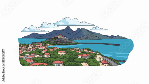 Coastal town with ancient ruins overlooks a bay with mountains