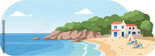 Coastal villa with beach and two sailboats under a cloudy sky