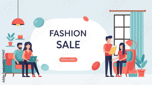 Couple browsing online fashion sale on laptop, with a man holding a tablet