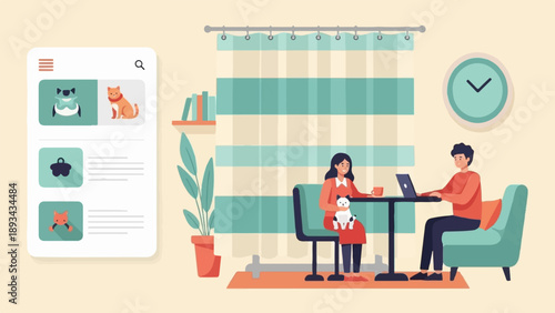 Couple browsing pet adoption app, holding cat, working on laptop