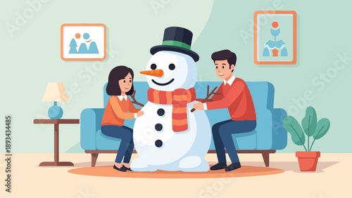 Couple building a snowman indoors on a sofa with artwork and plants