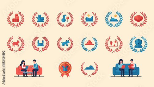 Collection of stylized laurel wreaths containing various objects and scenes