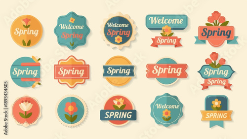 Collection of vintage-style spring-themed badges with flowers and text