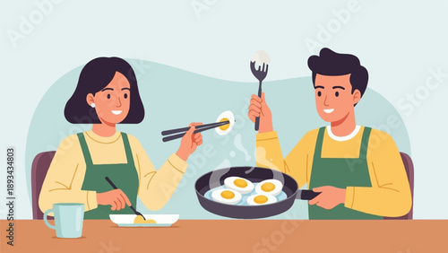 Couple cooking breakfast eggs in a pan on the table
