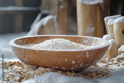 Wooden bowl filled with oats.