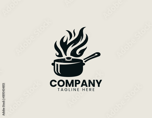 Cooking pan logo shows hot food preparation concept in bold clean vector style