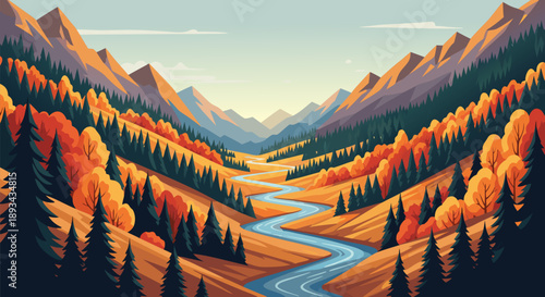 Autumn Mountain Valley River Bend Scenic Landscape Vector Illustration