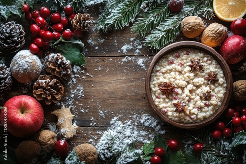 Bowl of oats with nuts, apples, and cinnamon.
