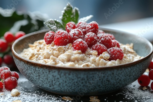 A bowl of oat topped with berries and nuts.