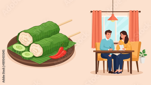 Couple discusses papers at table near window with food on plate