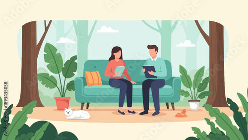Couple discusses work on couch amidst lush green indoor forest scenery