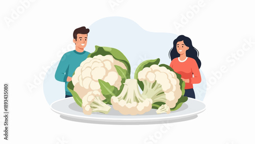 Couple admires fresh cauliflower on a plate