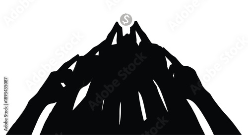 Diverse group of people hands reaching up together forming a pyramid with a coin on top teamwork partnership collaboration concept in modern business and finance