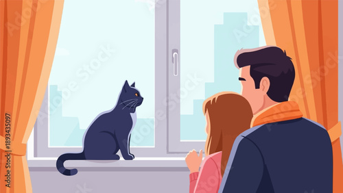 Couple and cat by window looking at cityscape