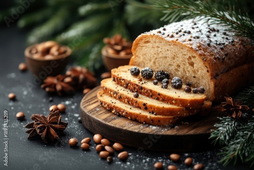 Loaf of bread topped with blackberries and spices.
