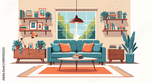 Cozy living room interior vector illustration, Scandinavian style, warm and inviting ambiance, perfect for home decor and lifestyle projects