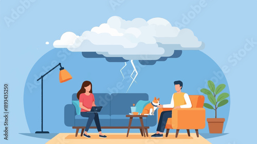 Couple and dog indoors during a thunderstorm with lightning striking