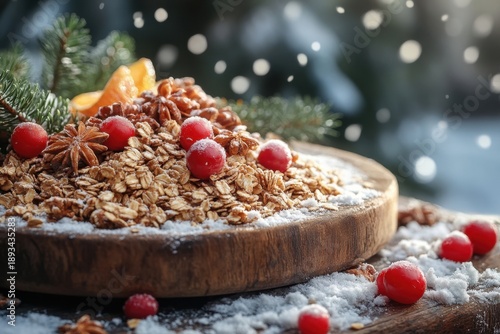 Wooden bowl with granola, topped with cranberries.