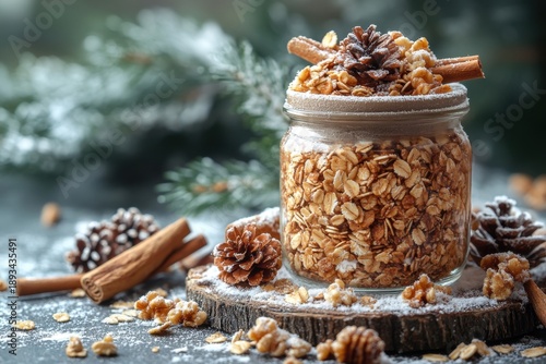 Jar filled with grains and nuts.