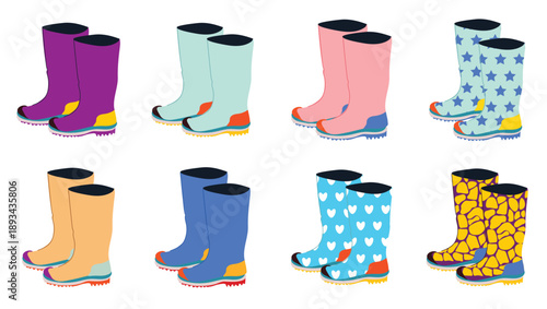  set of rubber boots different colors vector isolated on