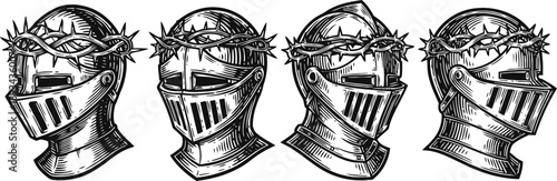 medieval knight helmets with crown of thorns vintage armor illustrations from different angles