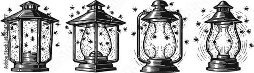 Vintage lanterns with glowing light surrounded by flying fireflies in black and white line art