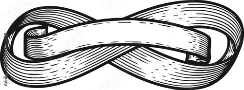 Woodcut infinity symbol with a blank ribbon banner intertwined in black and white