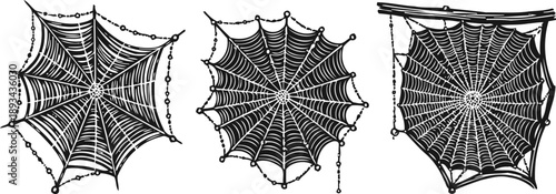 Three black spider webs with hanging drops in vintage halloween decoration elements