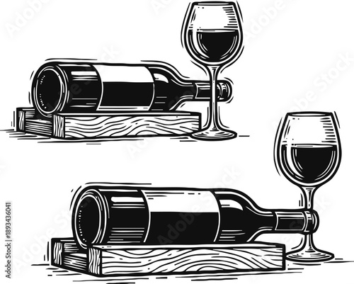 Red wine bottle and glass on wooden holder, elegant alcoholic beverage concept illustration