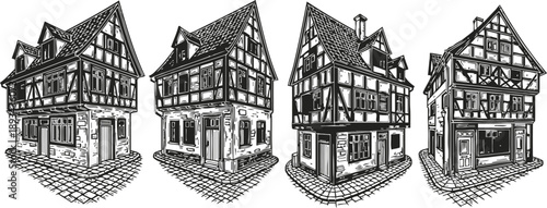 Set of four medieval timber framed houses with cobblestone streets hand drawn vintage architecture illustration