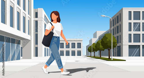 A woman walks through a sunny city street in this vector illustration of urban life and modern architecture