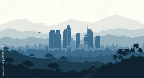 Los Angeles cityscape vector illustration with mountains and palm trees, a serene urban landscape