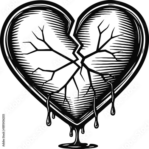Broken heart dripping with liquid cracked love symbol with liquid drops emotional pain concept vector illustration
