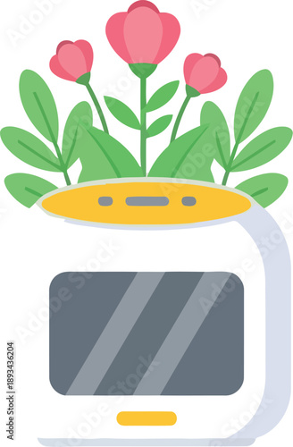 Modern smart flower pot with blooming pink flowers and green leaves, flat vector illustration