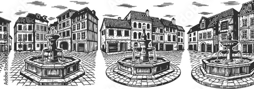 Historic european town square with stone fountain and vintage buildings in black and white sketch