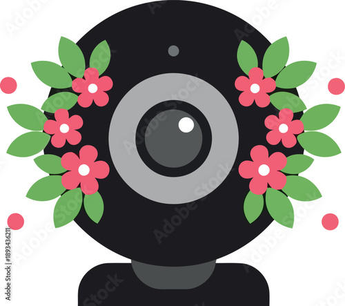Vector webcam illustration with floral decoration, spring flowers and leaves, modern flat design