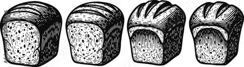 Hand drawn sliced bread illustrations loaf, bakery, food, breakfast, wheat, rustic, vintage, detailed, sketch, monochrome, textured, traditional