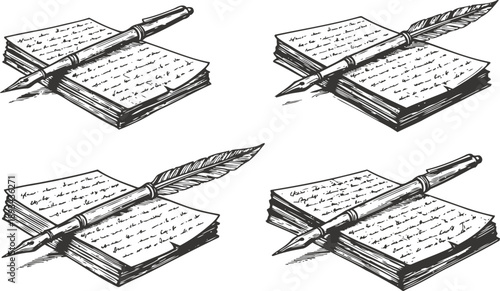 vintage ink pens and feather quills lying on handwritten letters set calligraphy, writing, old paper and stationery illustrations