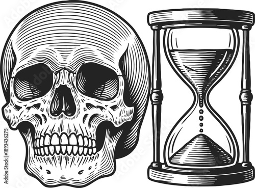 Skull and hourglass detailed vintage engraving illustration symbolizing mortality and the passage of time