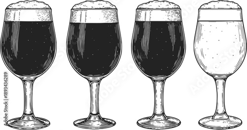 Four beer glasses with foam, three filled and one empty, detailed hand drawn black and white illustration