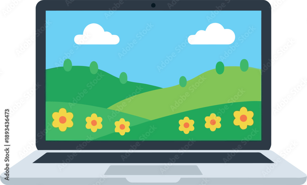 Fototapeta premium Flat Vector Laptop with Spring Landscape and Flowers on Screen for Nature and Technology Concepts