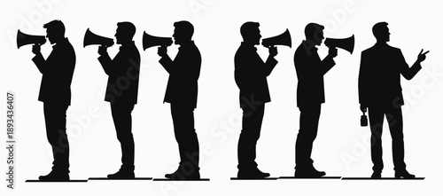 silhouette of six men in suits five with megaphones