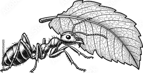 Detailed black and white illustration of ant carrying leaf with visible body segments and fine textures