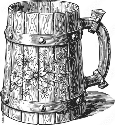 Vintage wooden beer mug with floral engraving and metal bands, antique rustic tankard design