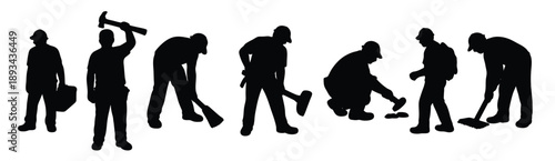 silhouette of workers doing various jobs on white background